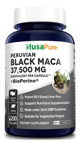 Maca Negra + Bioperina  37,500mg Nusapure 200 Capsulas 