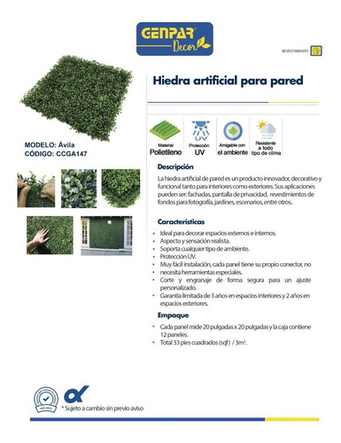 Imagen 2 de 3 de Hiedra Artificial Para Pared Modelo Ávila 50x50cm Genpar