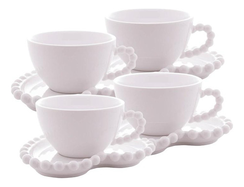 4 Xícaras Para Chá Wolff Coração Beads De Porcelana Branco