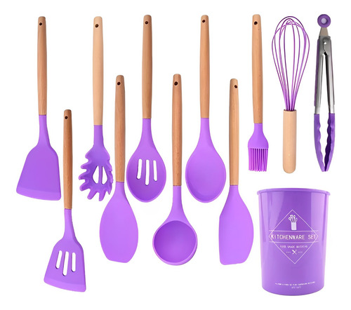 Juego Utensilios De Cocina 11 P C/ Soporte Madera Y Silicona Morado