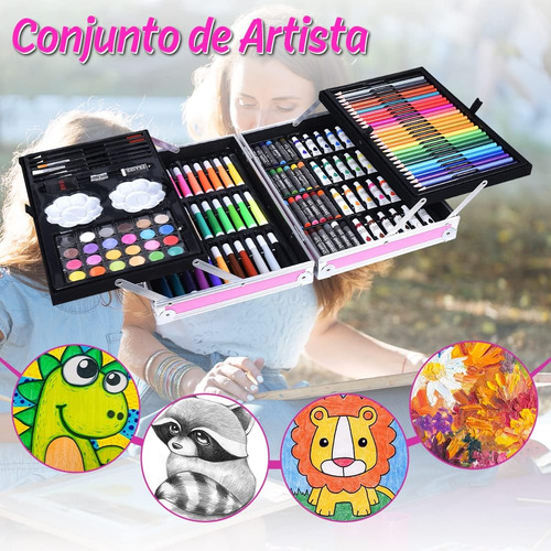 Kit Artístico Profesional 145 Piezas Colores Y Lápices Rosa