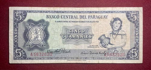 Billete 5 Guaraníes Paraguay 1963 Pick 195 Rivarola Mediana