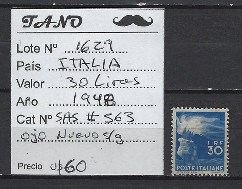Lote1629 Italia 30 Liras Año 1948 Sas#653 Ojo Nuevo S/g Raro