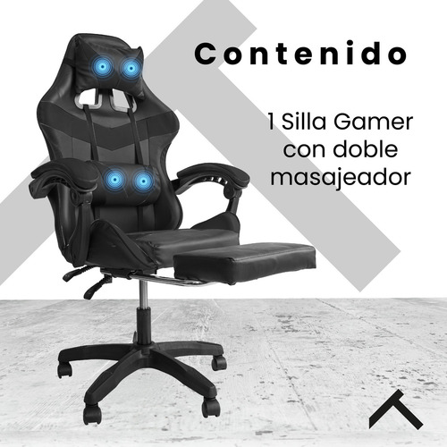 Silla Gamer Reclinable 2 Masajes Giratoria Ergonómica Masaje Lumbar Negro