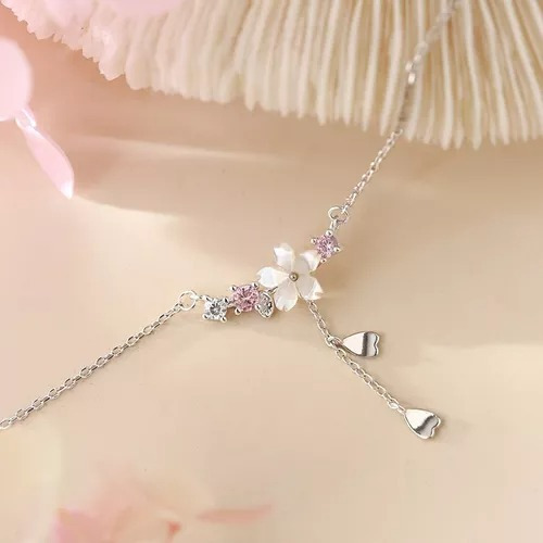 Gargantilla Dije Flor Sakura Petalos Colgantes Regalo Mujer Plateado