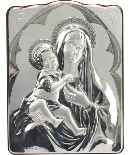 Cuadro Religioso De Plata Virgen Y Madera Niño Dios | Mi-012