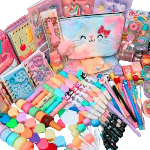 comprar Kit Caixa Papelaria Fofa Kawaii 15 Itens Presente Criativos