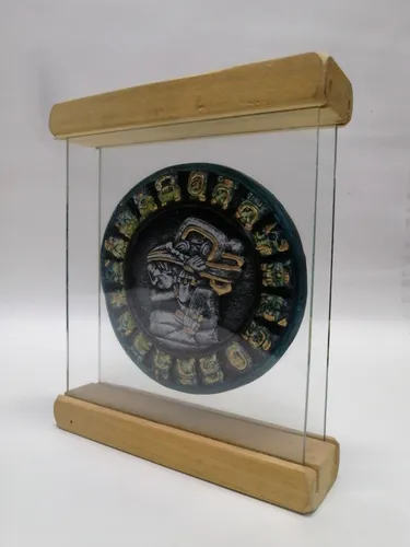 Escultura Calendario Maya En Piedra Cristal Y Madera De Mesa (Usado)