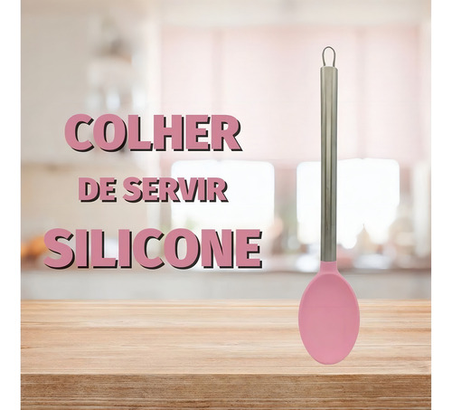 Colher De Silicone Rosa Com Cabo De Metal 34cm
