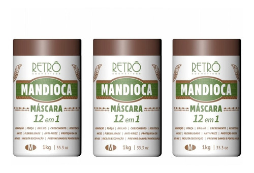 3 Máscaras Mandioca 12 Em 1 Retrô Cosméticos 1kg + Brinde