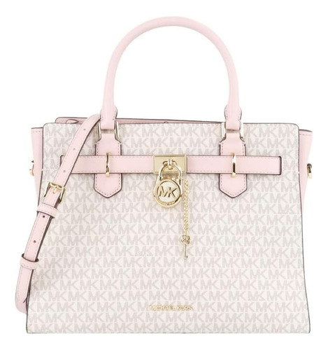 Michael Kors Hamilton Medium Vanilla Mk Pink Satchel Crossbo