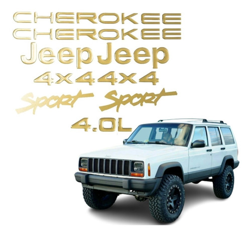 Kit Adesivo Jeep Cherokee Sport 4x4 4.0l Dourado Emblema Resinado Completo Dr6