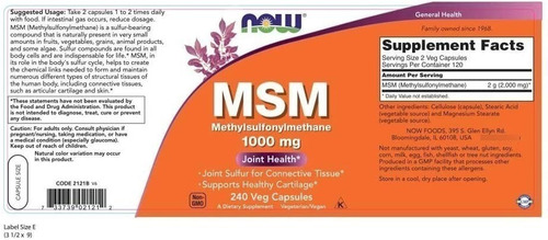 Msm 1000 Mg X 240 Cartílagos Articulaciones Eeuu Sabor Sin Sabor NOW