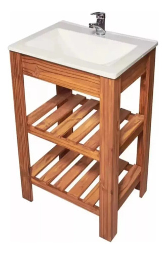 Combo Vanitory Baño 50cm Diseño Nordico + Bacha + Espejo Marrón Oscuro Blanco Un Agujero