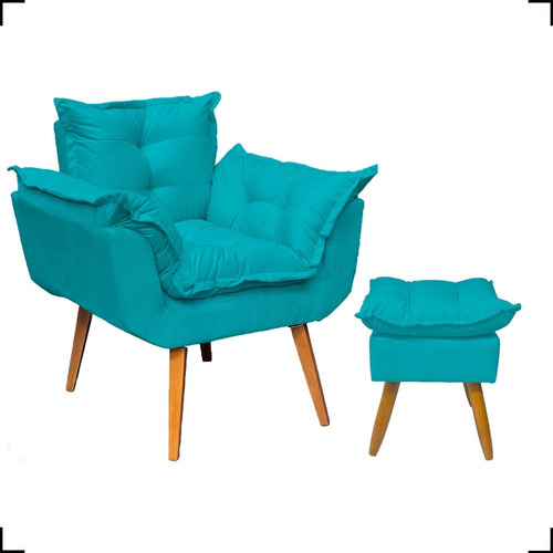 Kit Poltrona Opala Para Sala Confortável + Puff Decorativo Cor Azul-turquesa Desenho Do Tecido Suede