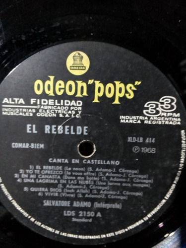 Salvatore Adamo - El Rebelde (album) Vinilo 1968 Vg+ A Vg (Usado)