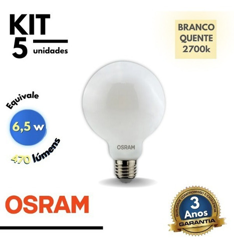 Imagem 1 de 4 de Kit 5 Lâmpadas Led Filamento Globo Equivale 6,5w E27 2700k
