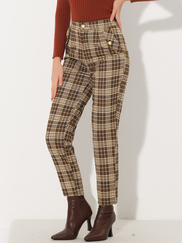 Pantalón Mujer Recto A Cuadros Vintage Con Cintura Elástica