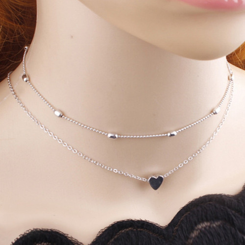 Choker Gargantilha Colar Coração Prata 2 Camadas