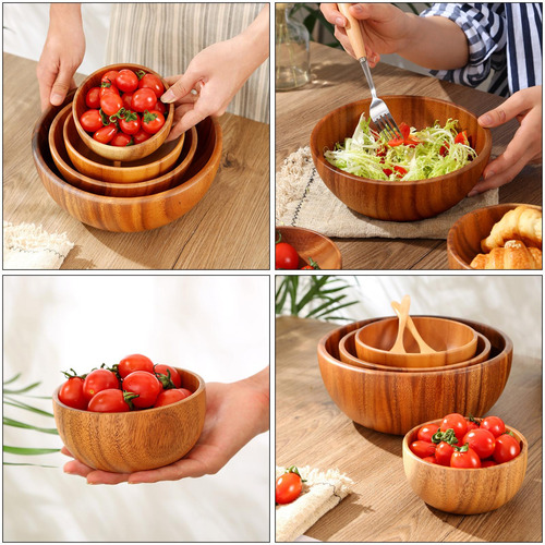 6 Fityle Premium Round Natural Wooden Salad Bowl Utensils