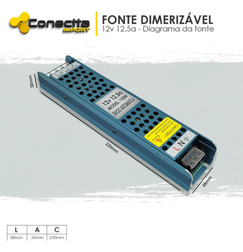 Fonte 12v Dimerizavel 150w 12,5 Fita Led Neon Cob Modulo Led