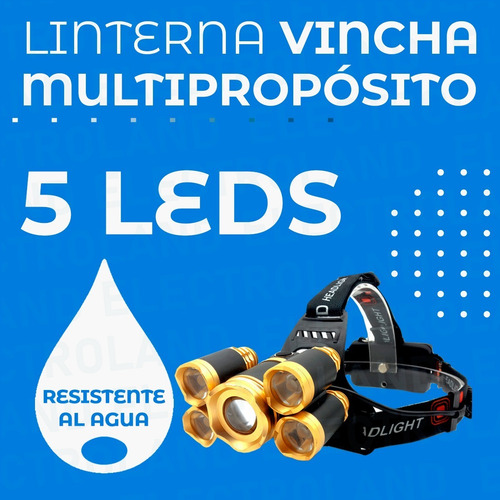 Imagen 3 de 10 de Linterna Minera Multipropósito Vincha 5 Leds Recargable Usb