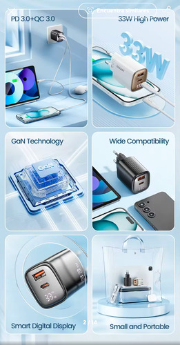 Cargador Dual Gan 33w Para iPhone 16-15-14-13 iPad Samsung