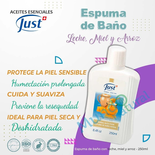 Imagen 2 de 6 de Baño De Espuma Herbal Miel Leche Y Arroz 250ml Swiss Just