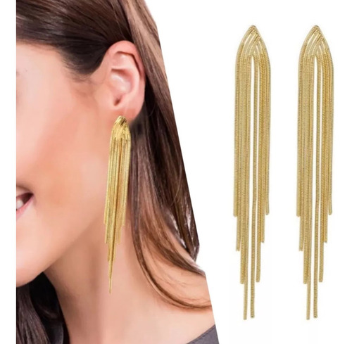 Brinco Par Feminino Tassel Escorrido Longo Dourado Franjas