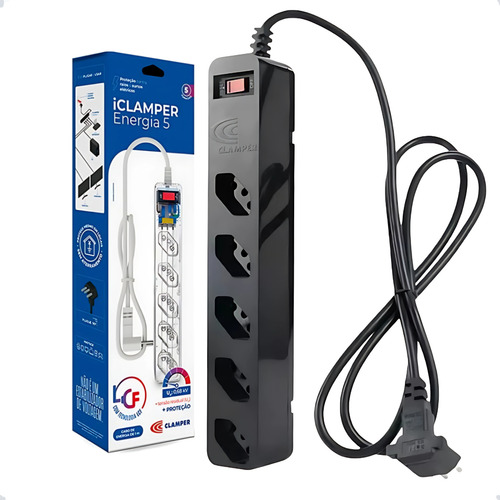 Filtro De Linha 5 Tomadas Preto Dps Protetor Raio 1m Clamper