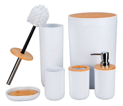 Set Completo De 6 Accesorios Para Baño De Plástico Y Bambú - Papelera Con Tapa, Cepillo Para Inodoro, Dispensador, Jabonera, Porta Cepillos Y Vaso - Blanco