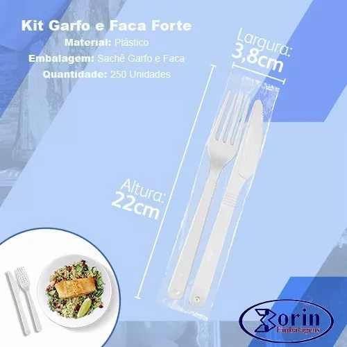 Kit Garfo e Faca Refeição Branco Master Sachê Pacote 25 cj.