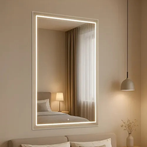 Espelho com 3 cores de Led Retangular Jateado 70x50 Lapidado Mold...