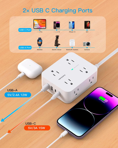 Tira De Alimentación Con Protector De Sobretensiones Y Usb