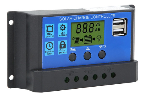 Controlador De Panel Solar Lcd Salida Usb Dual 12v/24v 30a