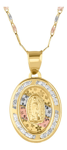 Medalla Ovalada Virgen Guadalupe Flores Con Cadena Oro 10k Color Dorado