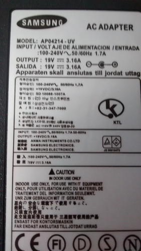 Cargador Laptop Adaptador Samsung 19v 3.16a 5.0x3.0mm Aguja