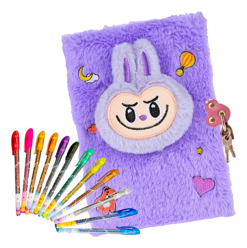 Diario Intimo Peluche + Lapiceras Glitter Candado Y Llaves Violeta Fluffy 2025