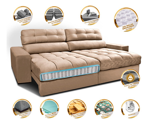 Sofá Retrátil e Reclinável com Molas Ensacadas Cama inBox Master 2,52m Tecido Suede Bege
