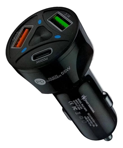 Cargador De Auto Carga Rapida  2 Usb + Tipo C 55w 3.1 3.0 Pd