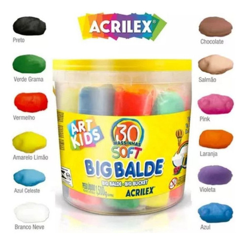 Big Balde Massinha Acrilex Com 30 Massas Soft Sortidas 1,5kg