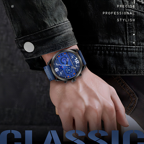 Mini Focus Reloj De Cuero Impermeable De Cuarzo Para Hombre Color Del Bisel Azul/negro