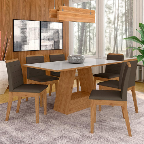 Mesa Com 6 Cadeiras 1,60 Nápoles Cinam/off Wh/marro - Ma Cor Cinamomo/off White/marrom 04 Desenho do tecido das cadeiras Liso