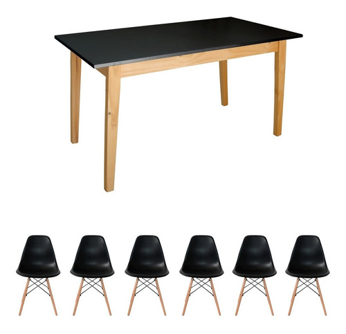 Mesa Nordica Escandina 80x150 + 6 Sillas Eames Comedor Negro