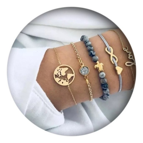Pulseira 5 Peças Dourada Love Infinito Tartaruga L2258