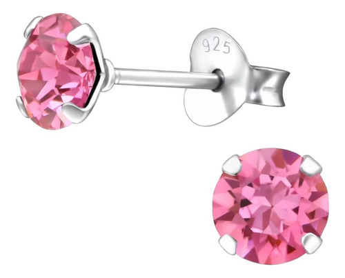 Aros Punto De Luz Plata 925, Zirconia Rosa 4mm Mujer Niña