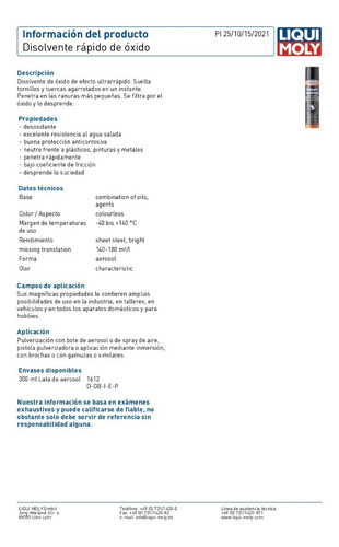 Imagen 2 de 2 de Removedor O Quita Oxido Schnell Rostloser Liqui Moly 300ml