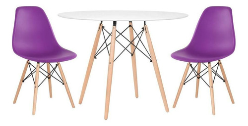 Kit Mesa Jantar Eames Wood 100 Cm 2 Cadeiras Eiffel Cores Cor da tampa Mesa branco com cadeiras roxo