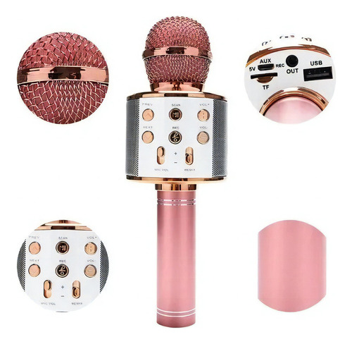 Microfone Bluetooth S/ Fio Karaokê Caixa De Som Faz Gravação Cor Rosa Gold