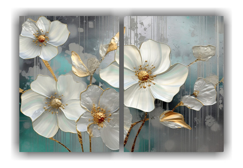 80x60cm Díptico Comedor Flores Blancas Con Nácar En Fondo 
